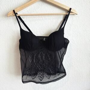 Fredericks Of Hollywood Corset Bra Top Medium Crop Mesh Embroidered Whimsygoth